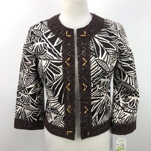 Maggy London Brown and Cream Abstract Print with crochet trim Jacket sz 8